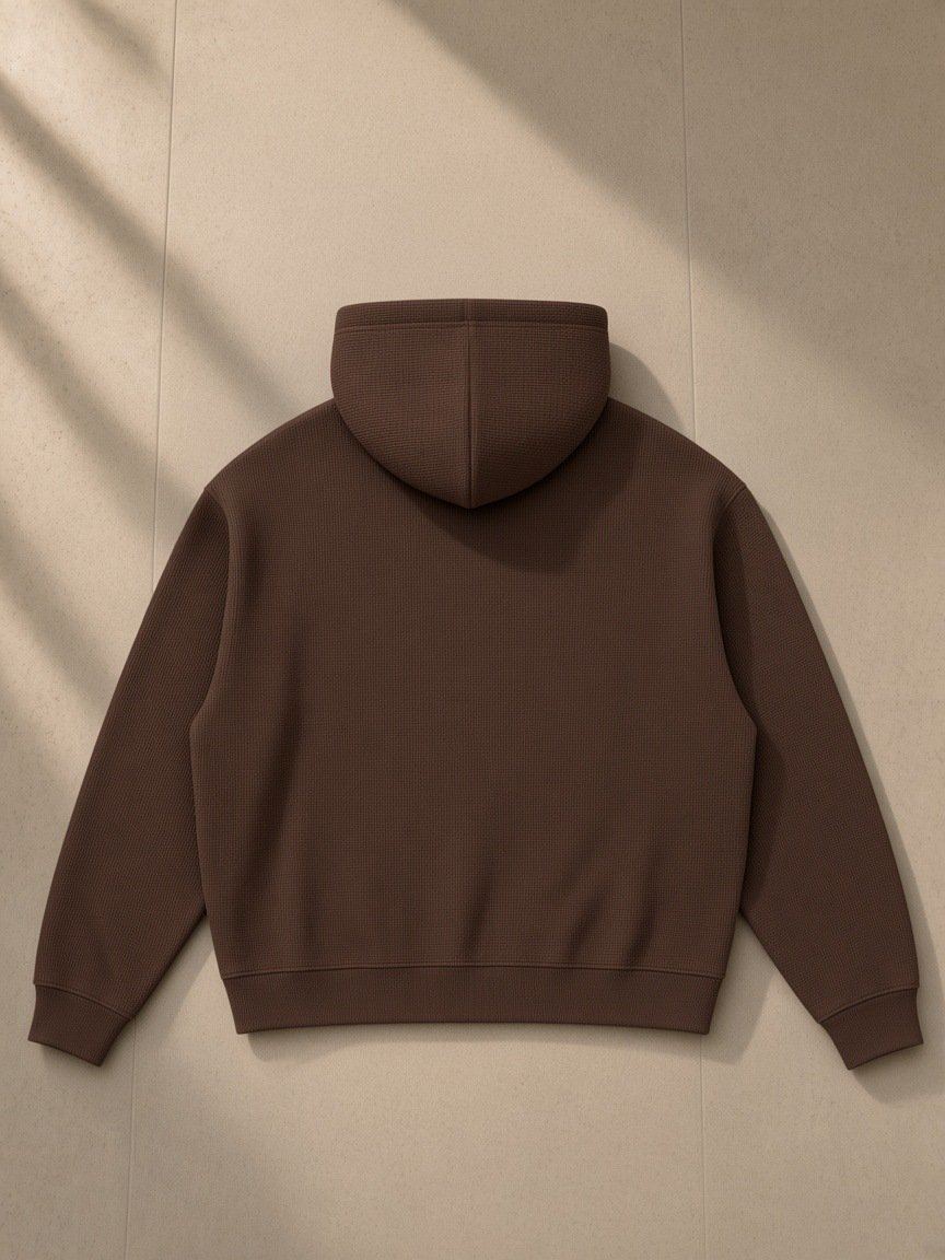 Unisex waffle boxy full zip hoodie in Coffee, laid flat on pale limestone, back view