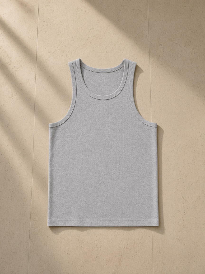 Performance tank top in Flower Gray, laid flat on pale limestone