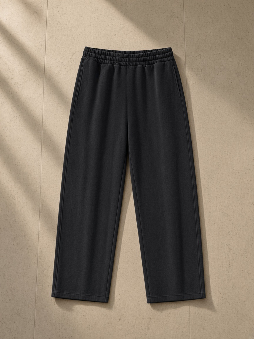 Mineral Wash Straight Sweatpants in Black, laid flat on pale limestone