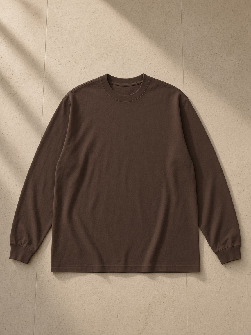 Raw Hem Long Sleeve T-Shirt in Coffee, front view