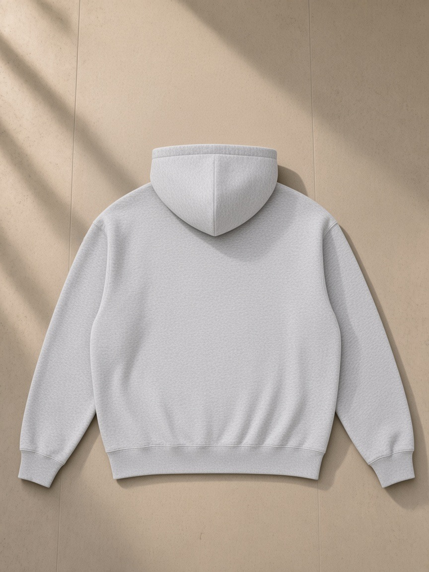 Oversized boxy fit fleece hoodie in Flower Gray, laid flat on pale limestone, back view
