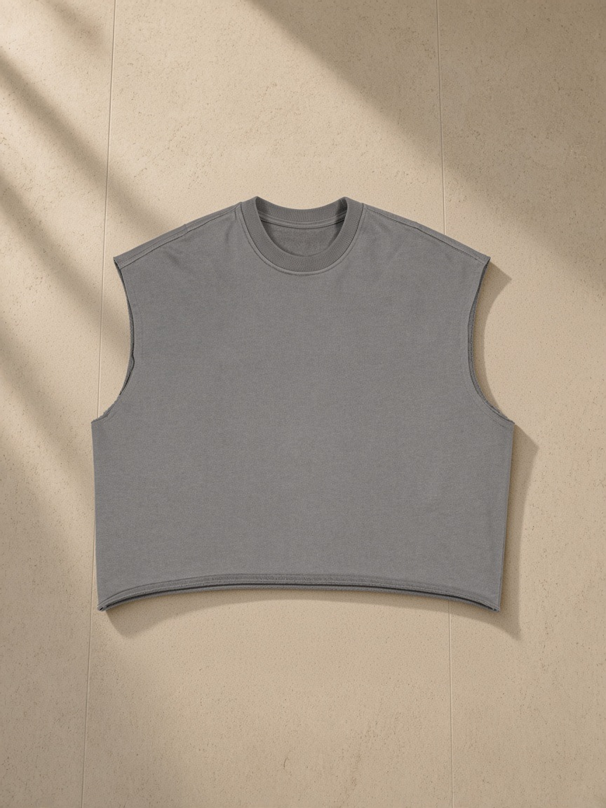 Men's French Terry Boxy Tank Top in Gray, laid flat on pale limestone