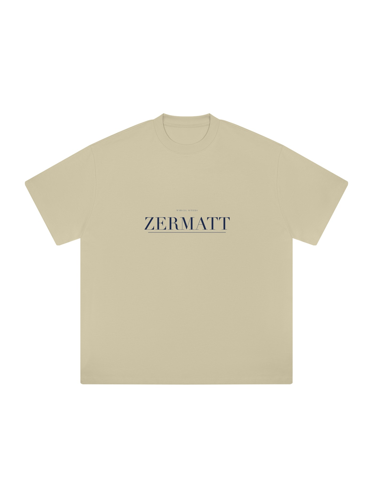 Zermatt Heavyweight Drop Shoulder T-Shirt by Marcel Afters in Pale Khaki, front view with the printed artwork, on white