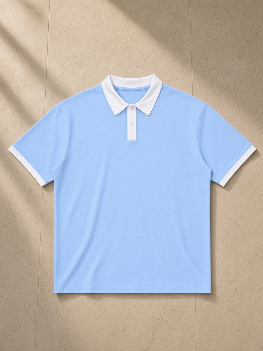 Unisex color block polo shirt in Light Blue with White, laid flat on pale limestone