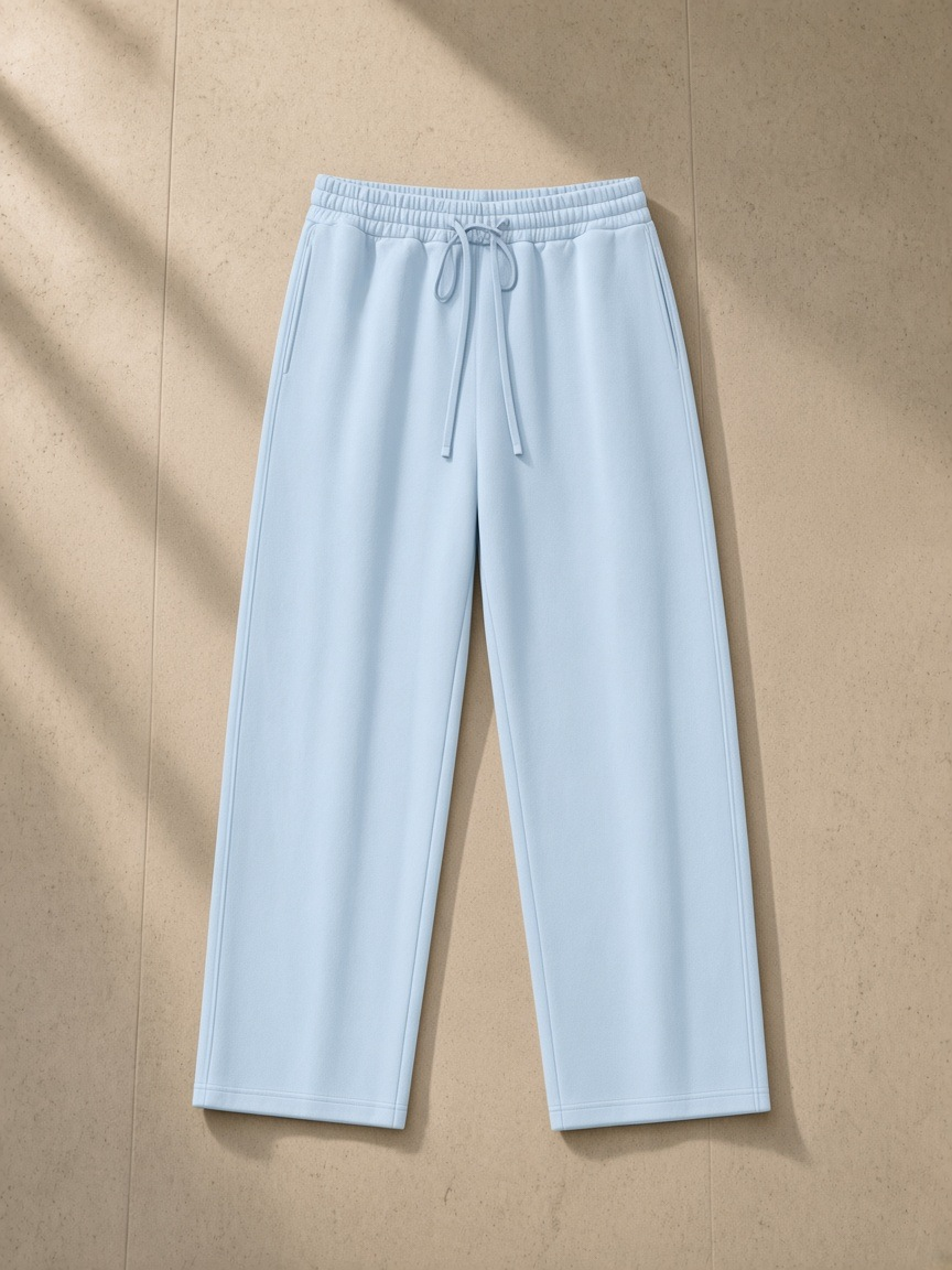 Unisex straight-leg sweatpants in Blue, front view on white. Marcel Afters