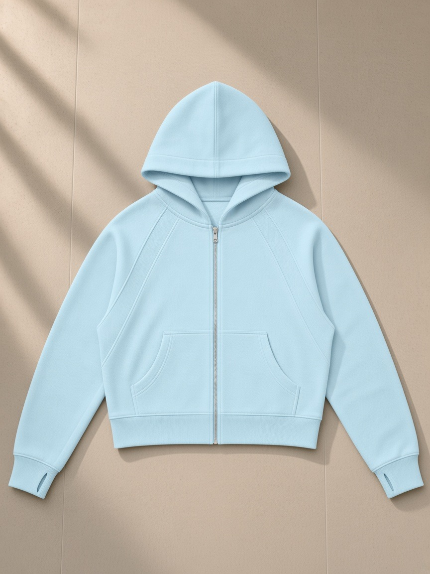 Cropped Zip-Through Hoodie in Sky Blue, laid flat on pale limestone, front.