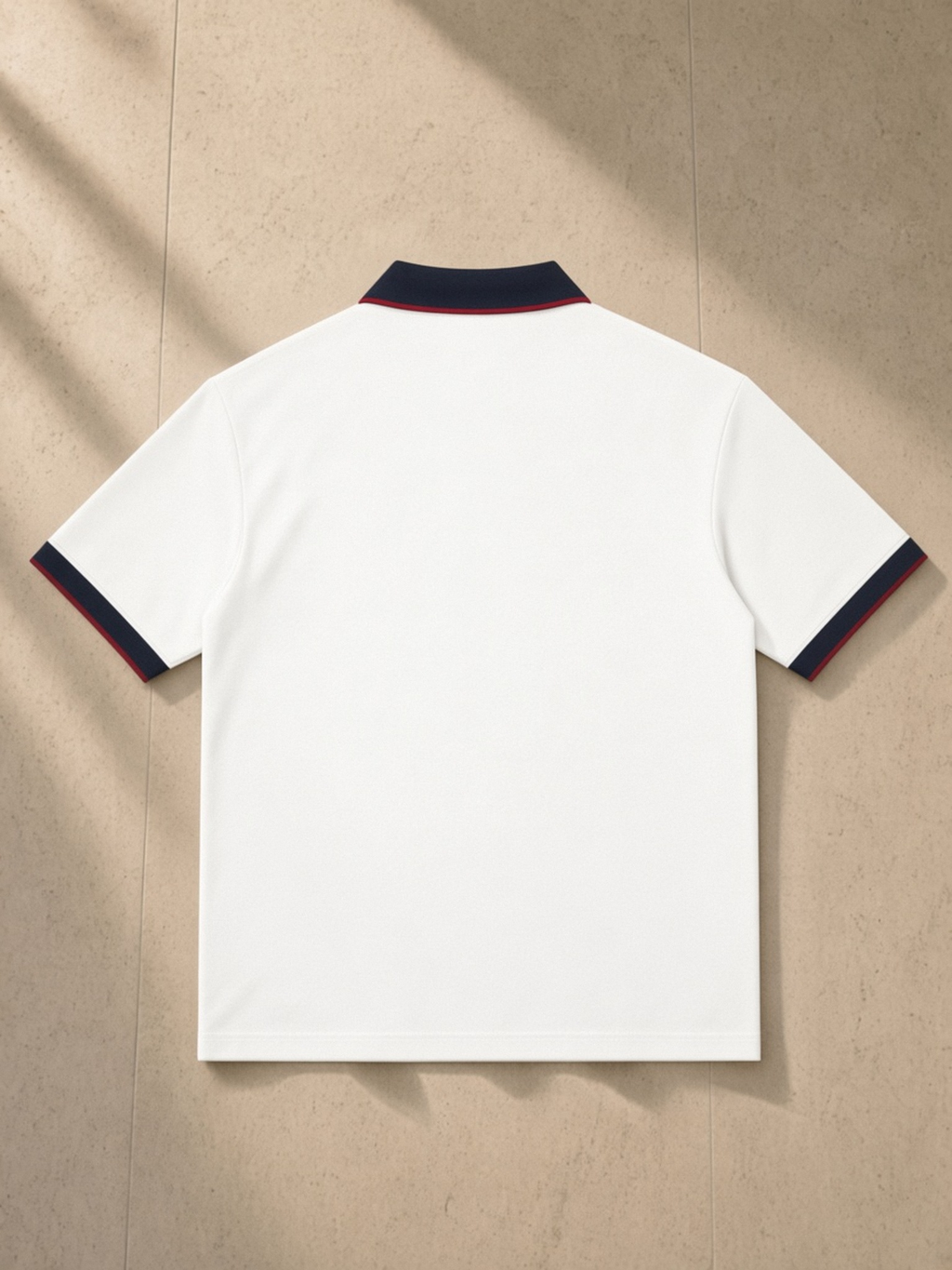 Color Block Polo Shirt in White with Navy Blue, laid flat on pale limestone, back.
