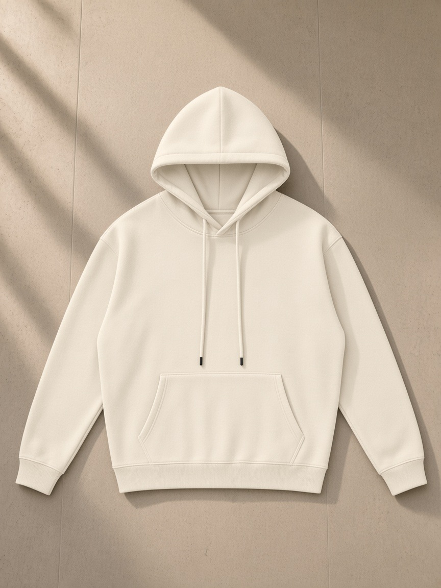 Streetwear Fleece Hoodie in Cream Apricot, laid flat on pale limestone
