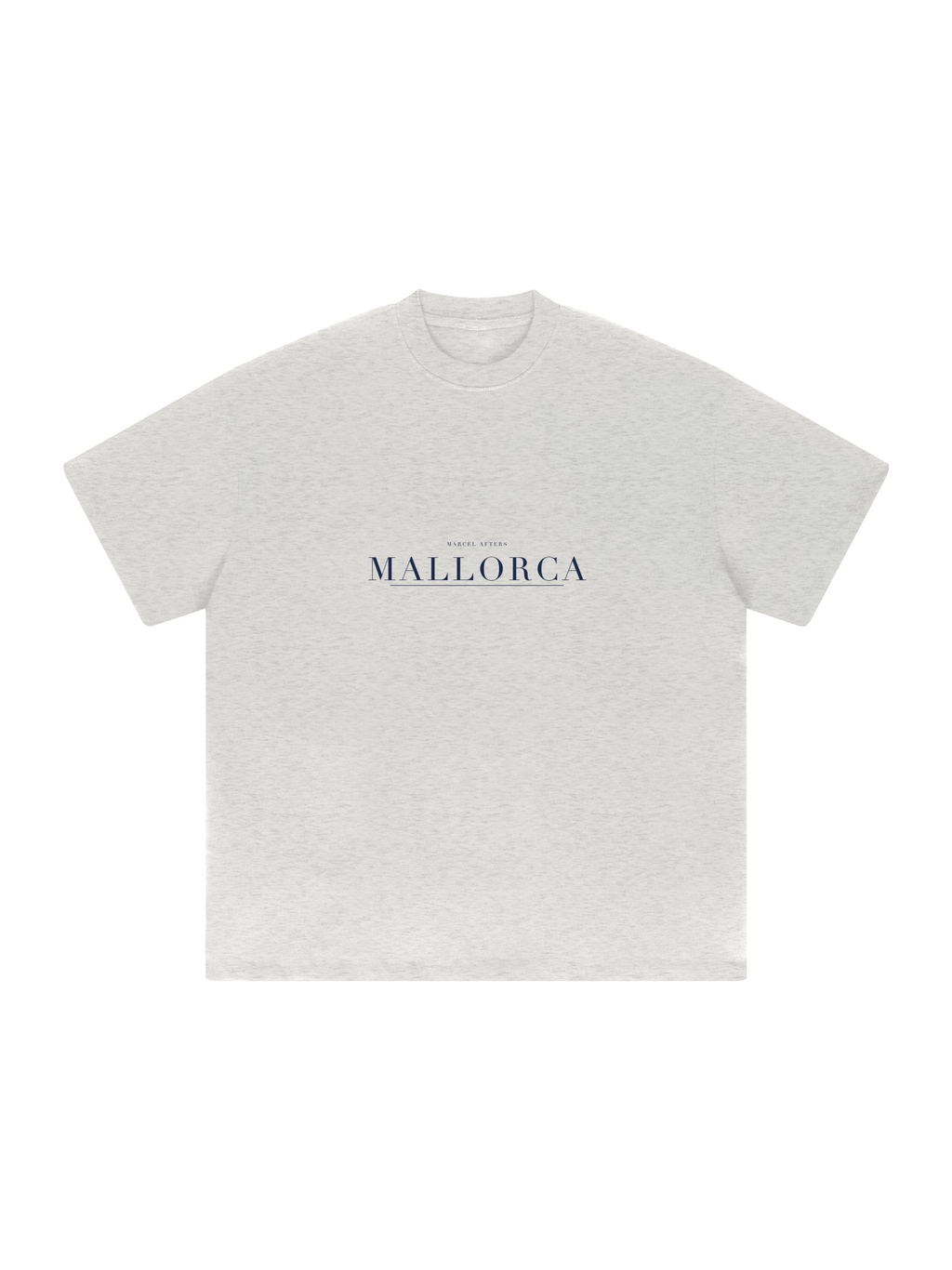 Mallorca Heavyweight Drop Shoulder T-Shirt by Marcel Afters in Oat Gray, front view with the printed artwork, on white