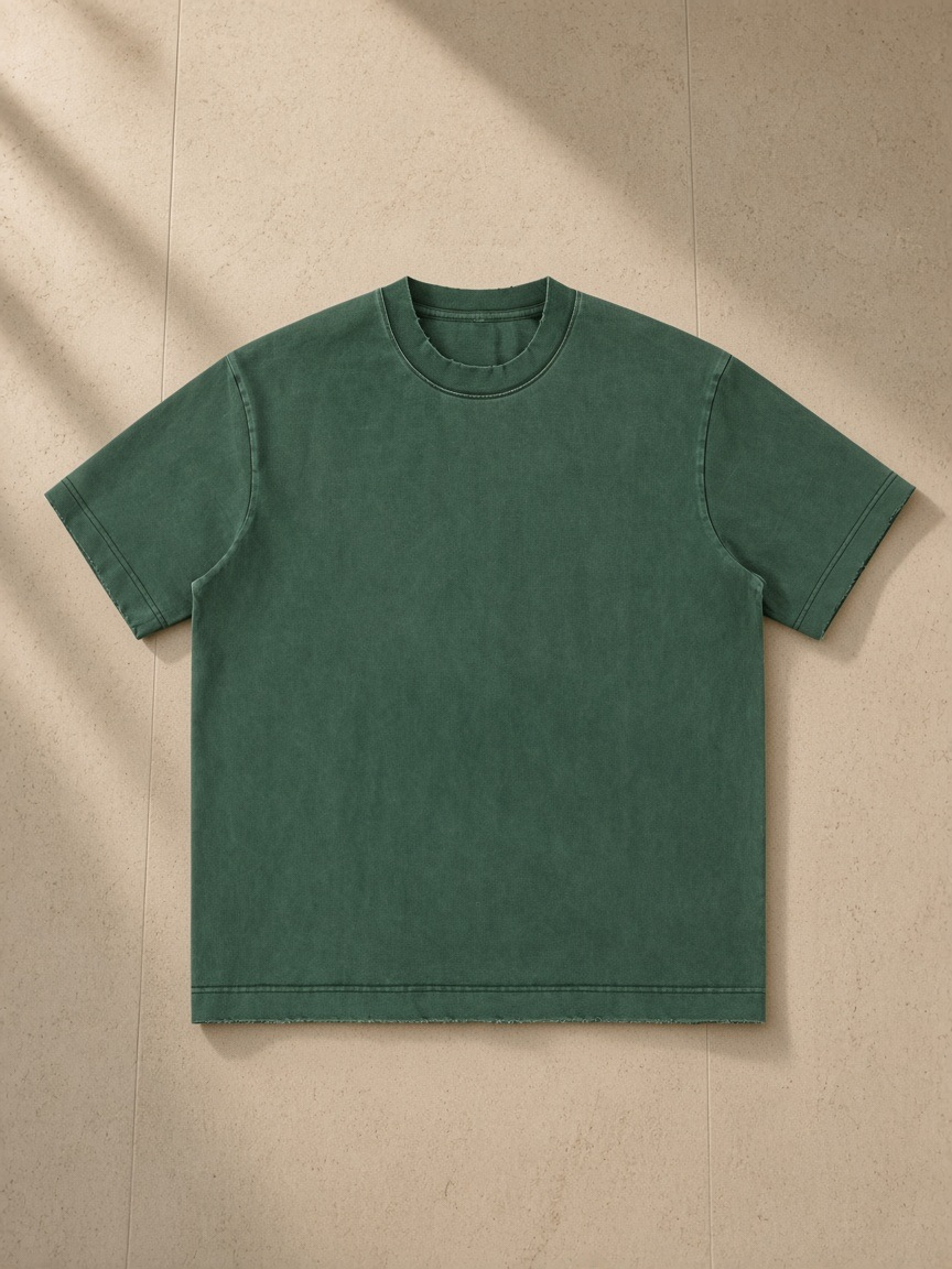 Women's heavyweight vintage washed frayed t-shirt in Retro Green, laid flat on pale limestone