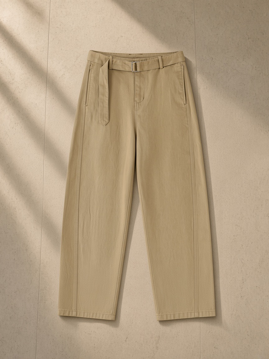 Women's belted barrel-leg chino pants in Khaki, laid flat on pale limestone