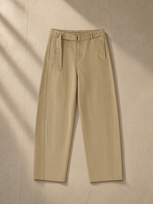 Women's belted barrel-leg chino pants in Khaki, laid flat on pale limestone