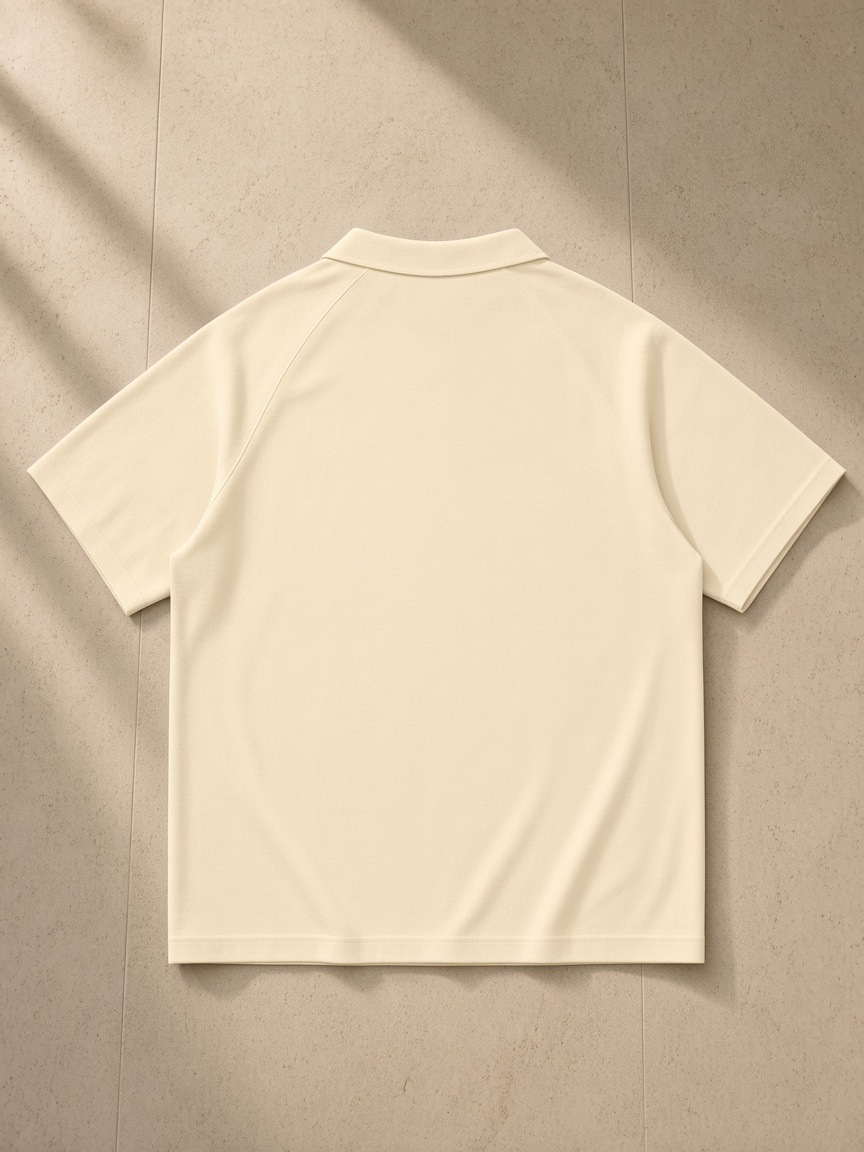 Classic Knit Polo in Apricot, laid flat on pale limestone, back view