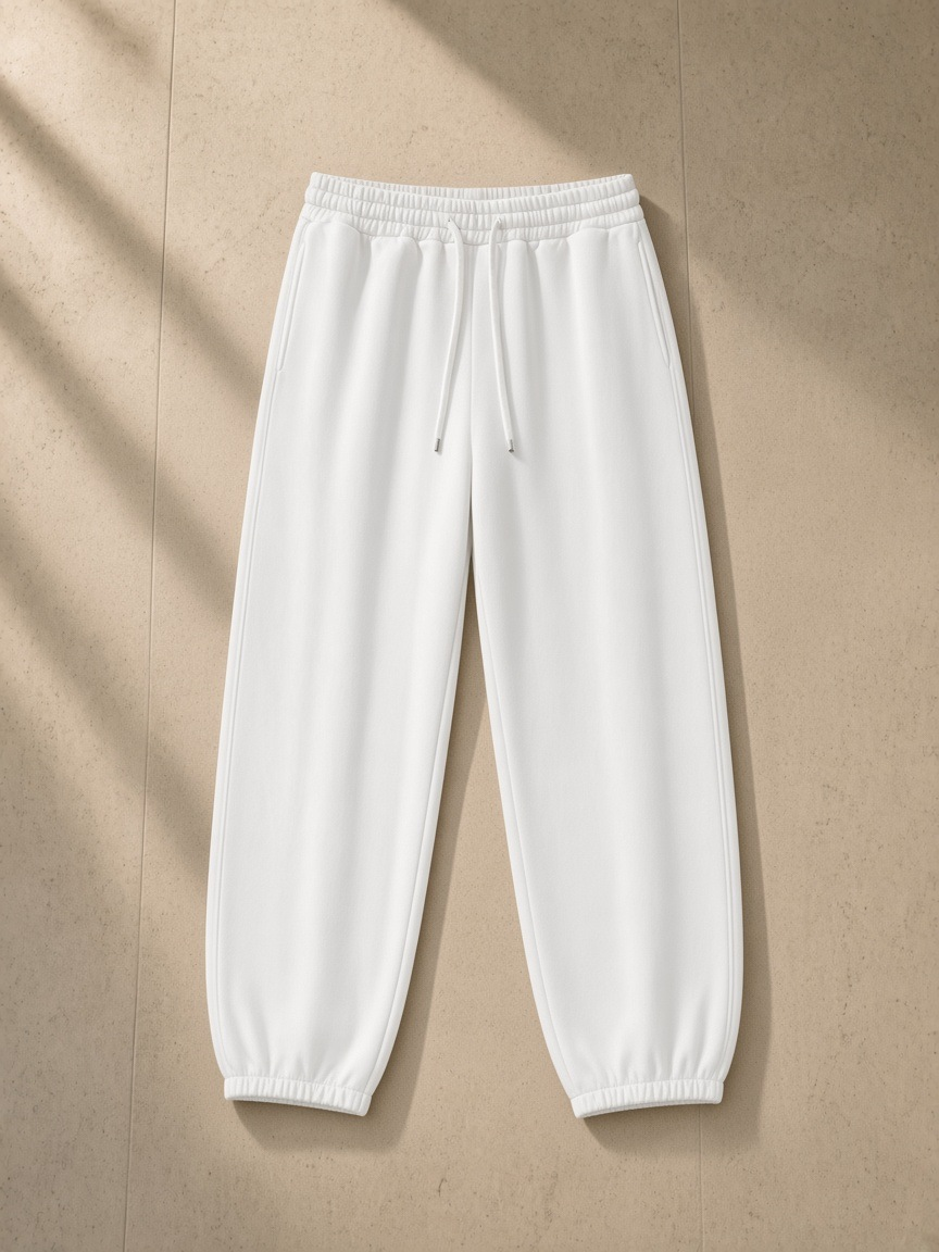 Essential Jogged Sweatpants in White, laid flat on pale limestone