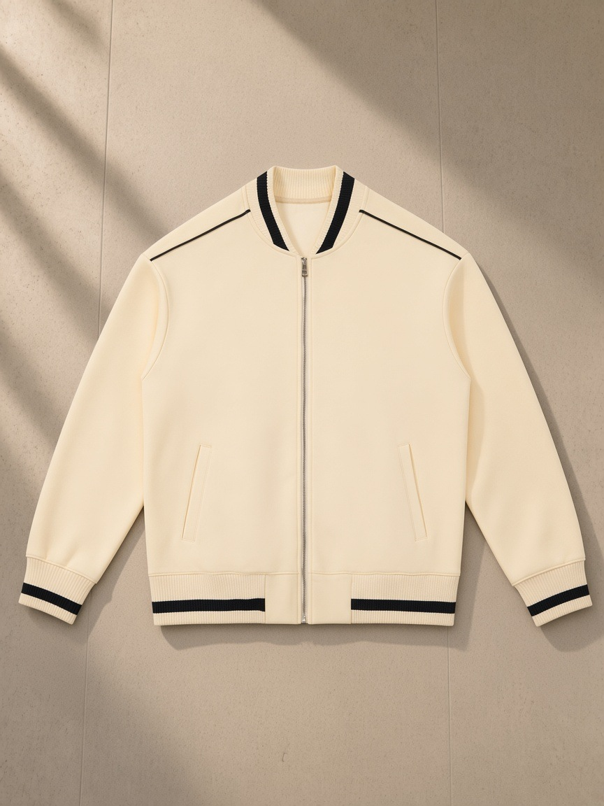 Contrast Piping Zip Bomber Jacket in Apricot, laid flat on pale limestone