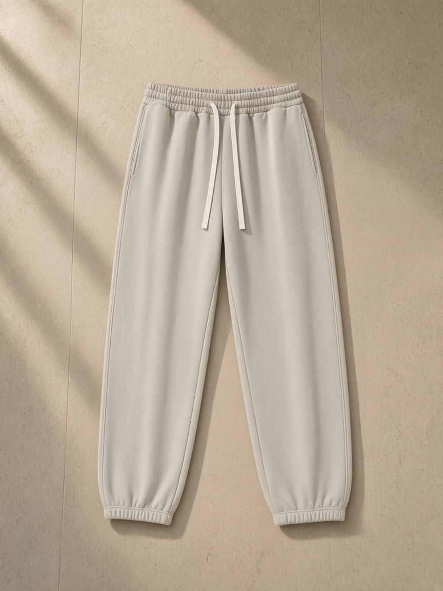 Essential fleece sweatpants in Oat Gray, laid flat on pale limestone