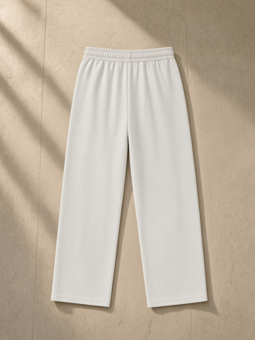 Solid Color Straight-Leg Sweatpants in Oat Gray, laid flat on pale limestone, back.