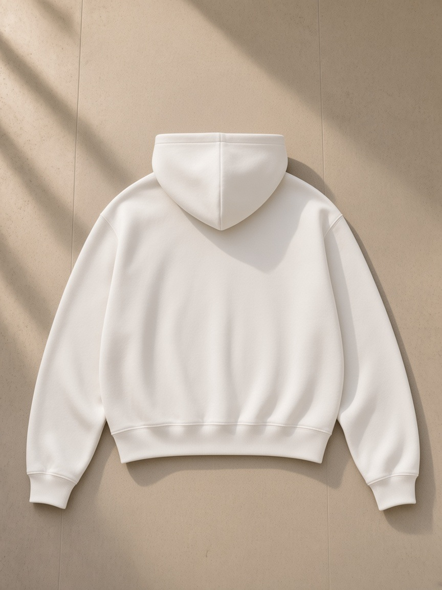 Essential cropped zip-up hoodie in White, laid flat on pale limestone, back view