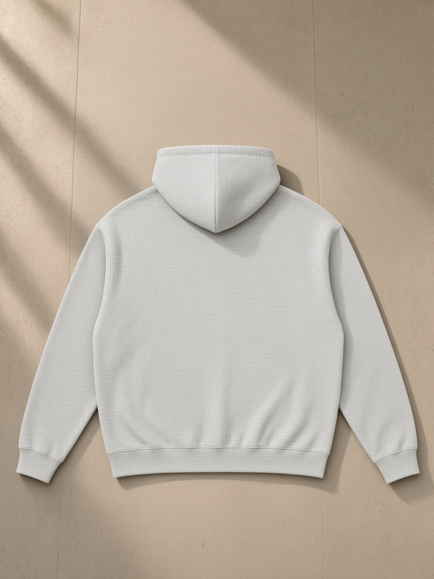Waffle Hoodie in Oat Gray, laid flat on pale limestone, back view