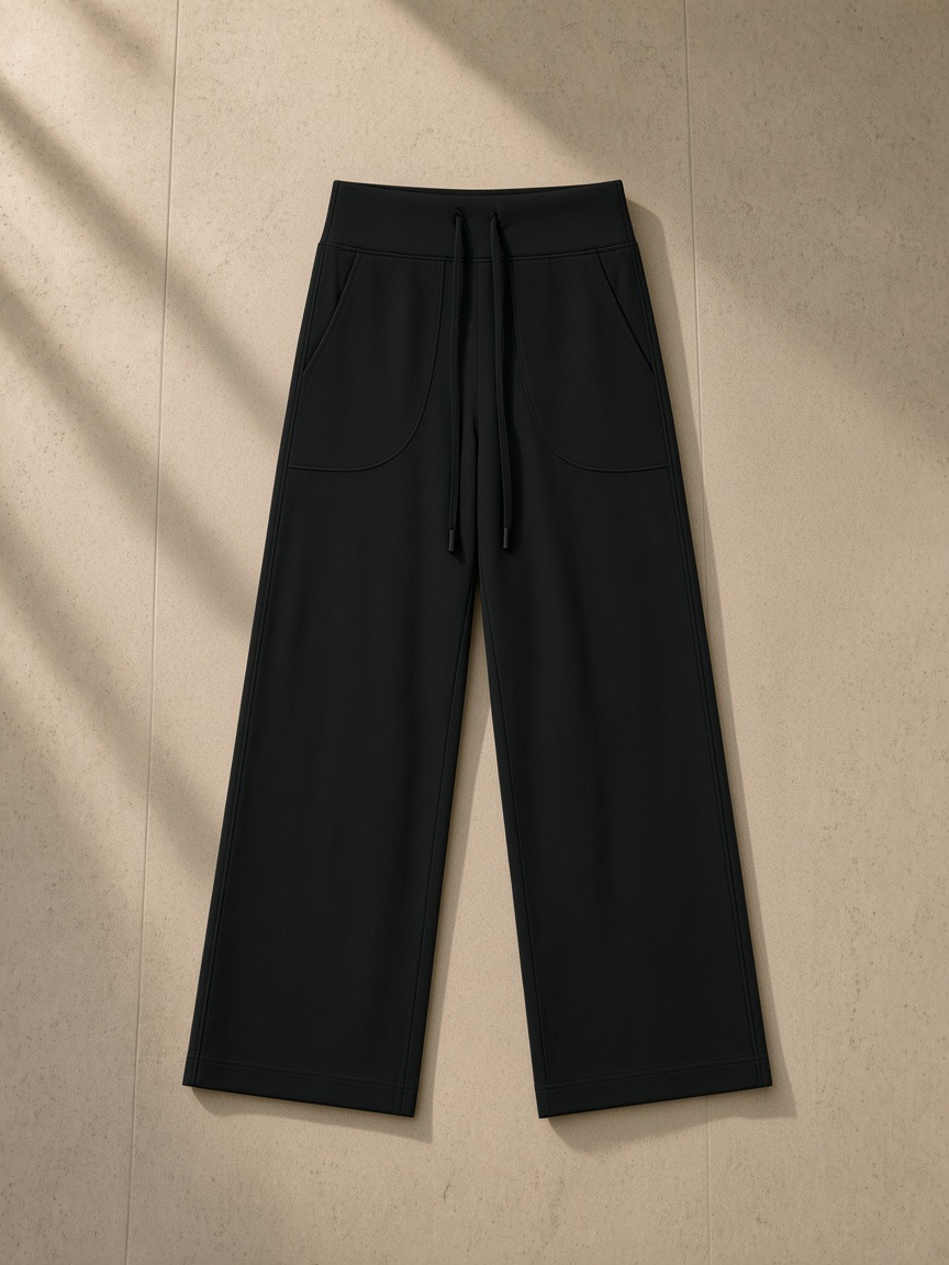 Women’s High Rise Straight Leg Yoga Pants in Black, laid flat on pale limestone