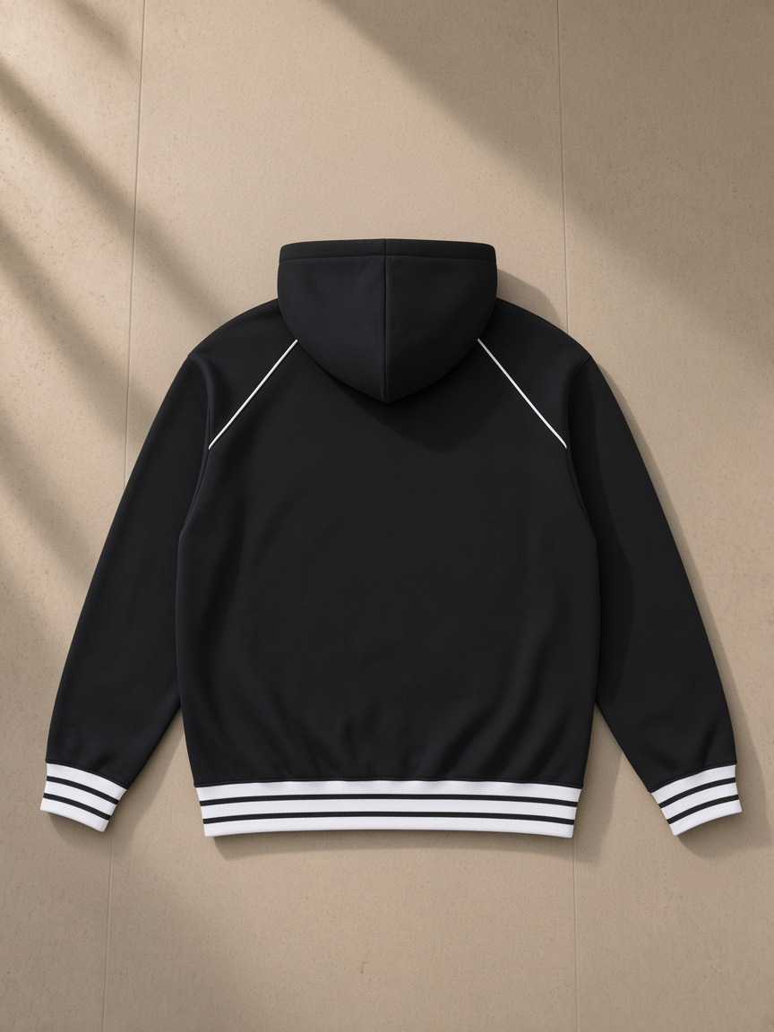 Unisex striped trim zip-up hoodie in Black, back view on white. Marcel Afters