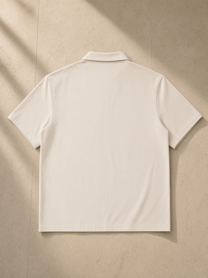Half-Zip Cotton Polo in Pale Khaki, laid flat on pale limestone, back view
