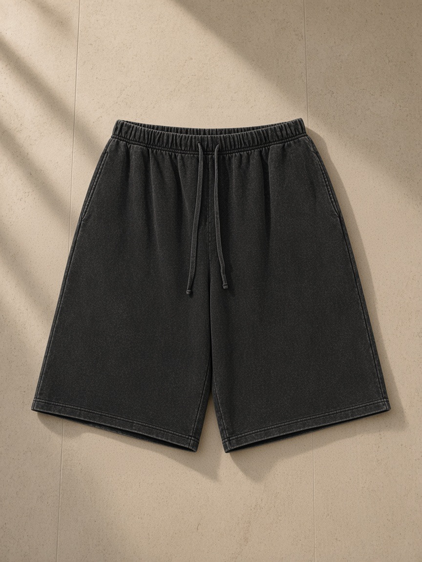 Snow Washed Raw Hem Shorts in Black, laid flat on pale limestone