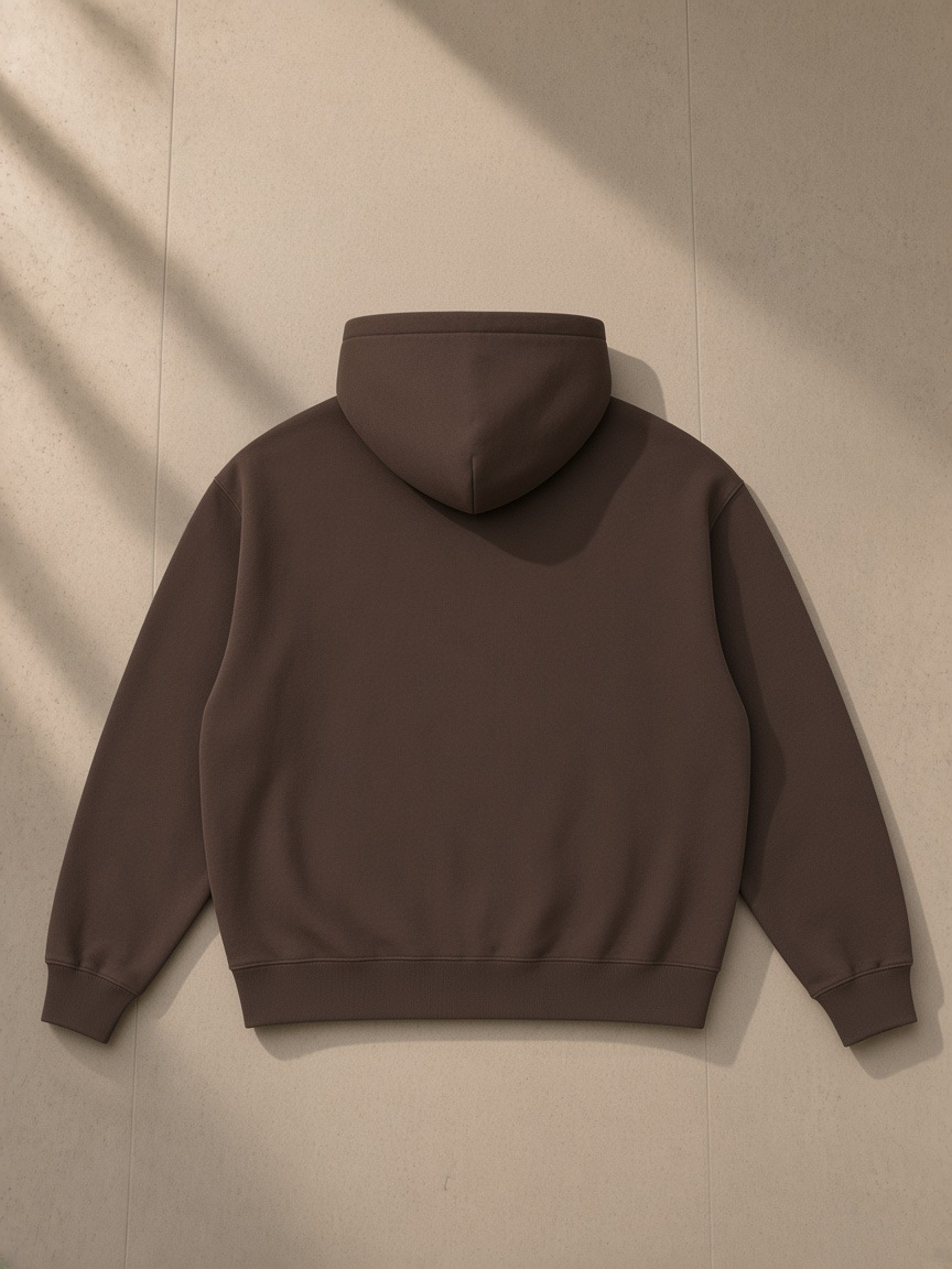 Oversized boxy fit fleece hoodie in Coffee, laid flat on pale limestone, back view