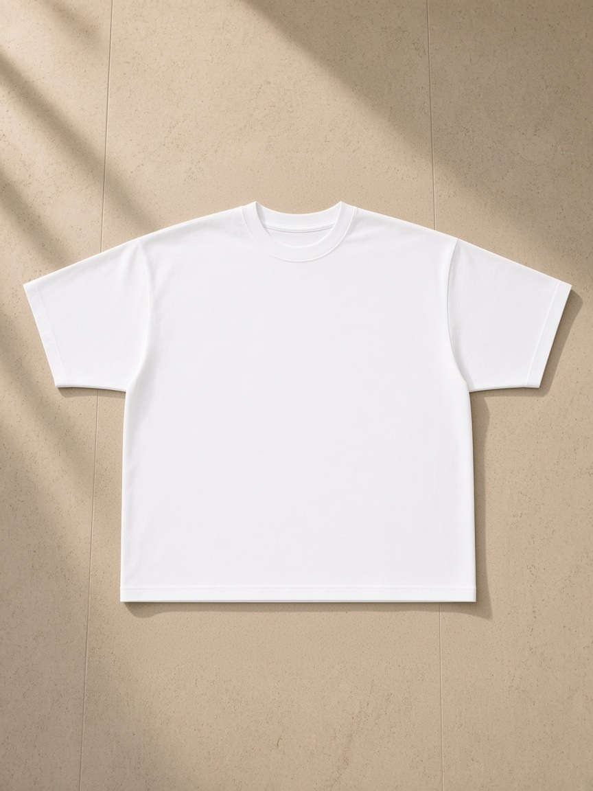 Oversized one-piece boxy t-shirt in White, laid flat on pale limestone