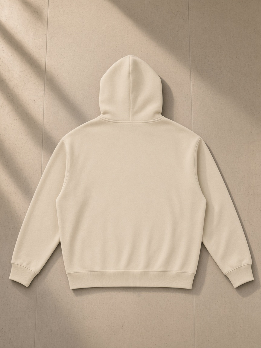 Essential heavyweight hoodie in Apricot, laid flat on pale limestone, back view