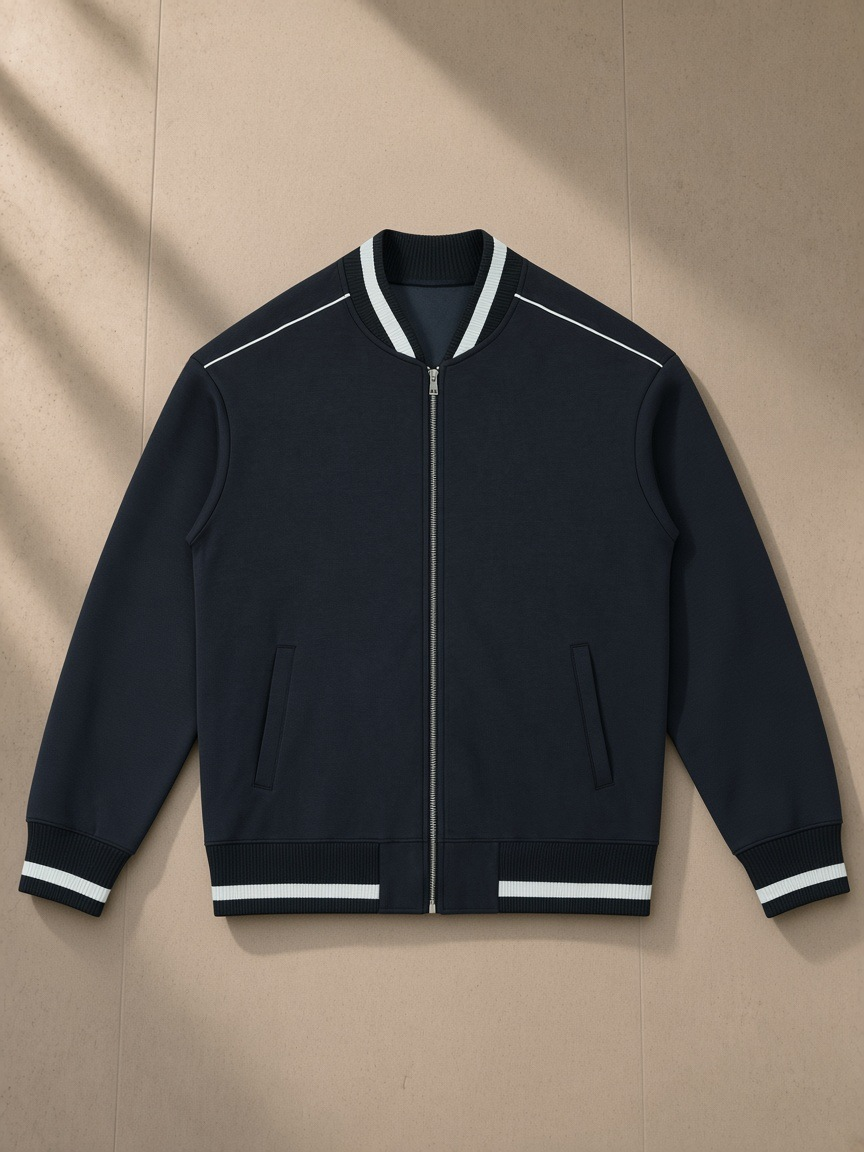 Contrast Piping Zip Bomber Jacket in Navy Blue, laid flat on pale limestone
