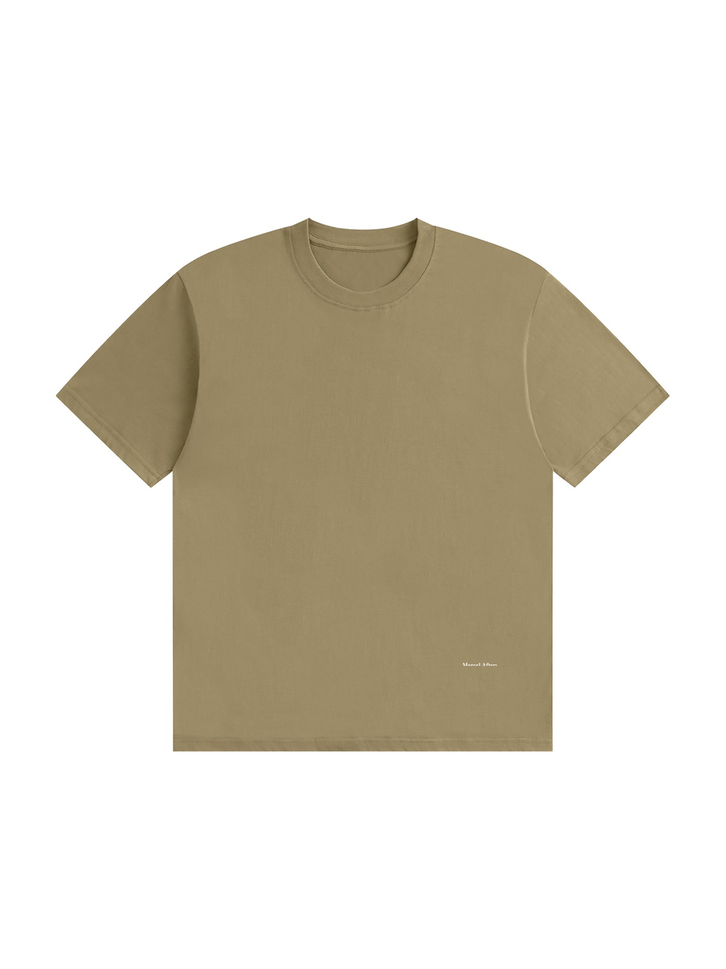 Unisex seamless cotton t-shirt in Khaki, front view on white. Marcel Afters