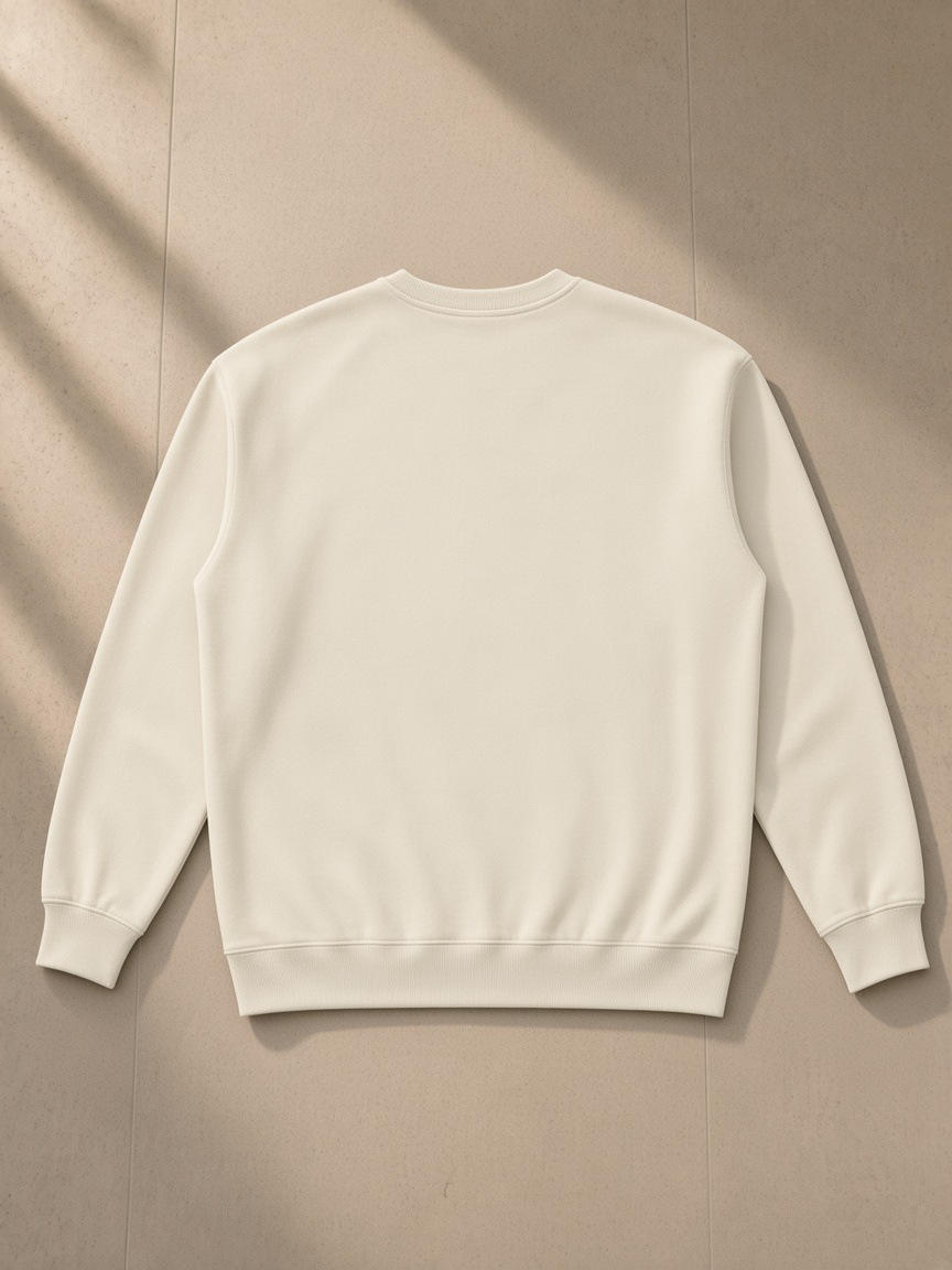 Essential heavyweight crewneck sweatshirt in Camel, laid flat on pale limestone, back view