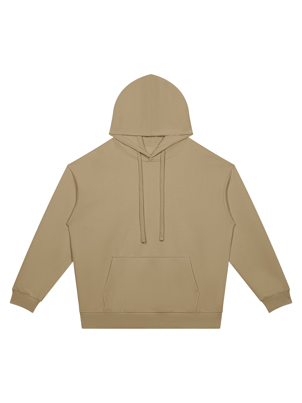 Unisex oversized drop shoulder hoodie in Khaki, front view on white. Marcel Afters