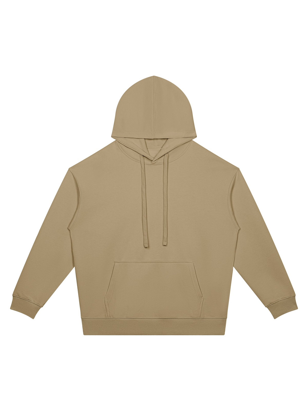 Unisex oversized drop shoulder hoodie in Khaki, front view on white. Marcel Afters