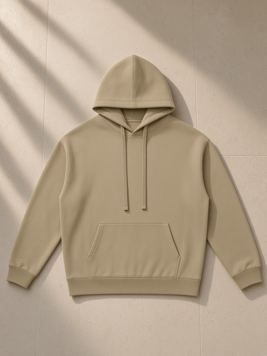 Oversized Drop Shoulder Hoodie in Khaki, laid flat on pale limestone, front.