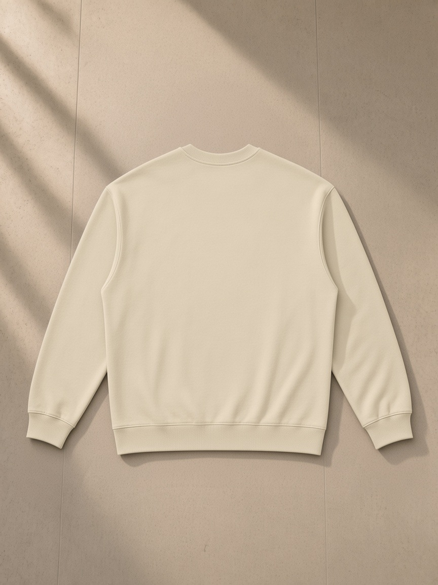 Oversized Crewneck Sweatshirt in Light Camel, laid flat on pale limestone, back view