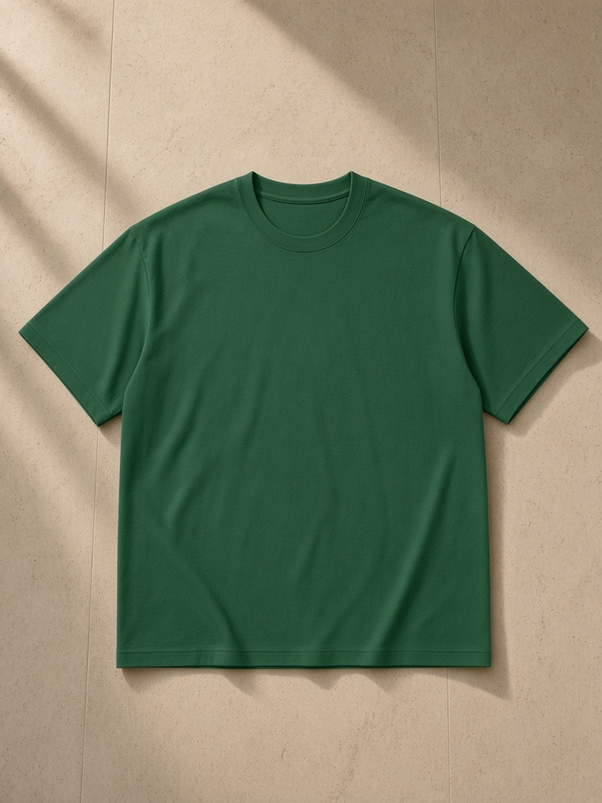 Regular Fit Crewneck T-Shirt in Blackish Green, laid flat on pale limestone
