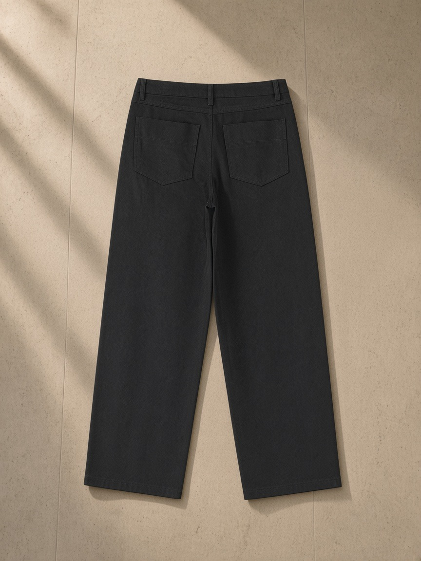 Heavyweight Straight-Leg Trousers in Black, laid flat on pale limestone, back view