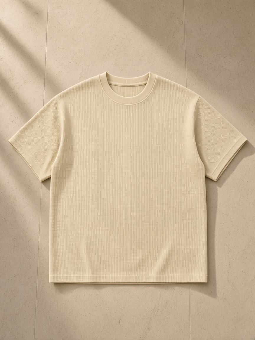 Mineral Wash Waffle Knit T-Shirt in Light Apricot, laid flat on pale limestone