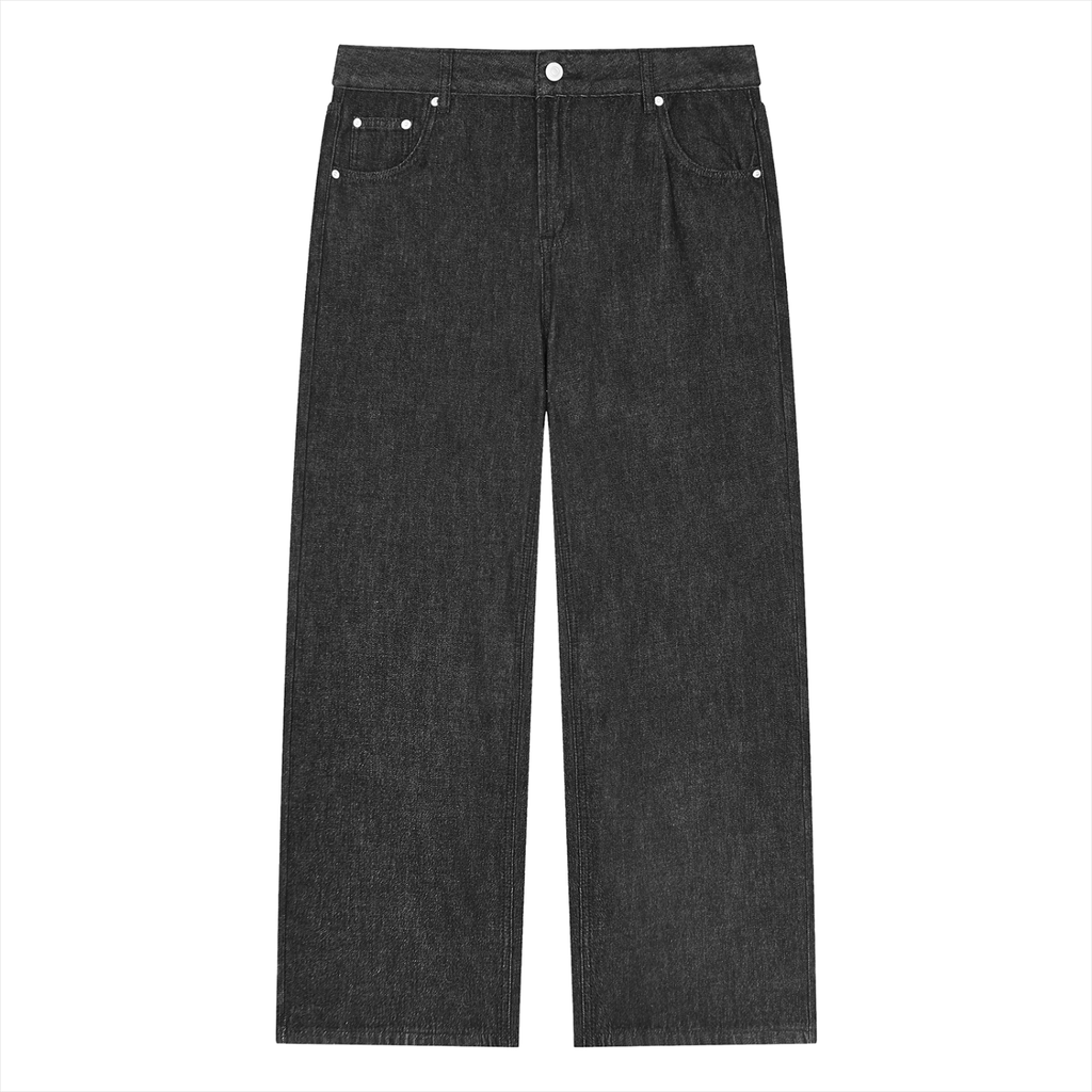 Unisex Vintage Wash Straight Leg Jeans in Black, front view on white