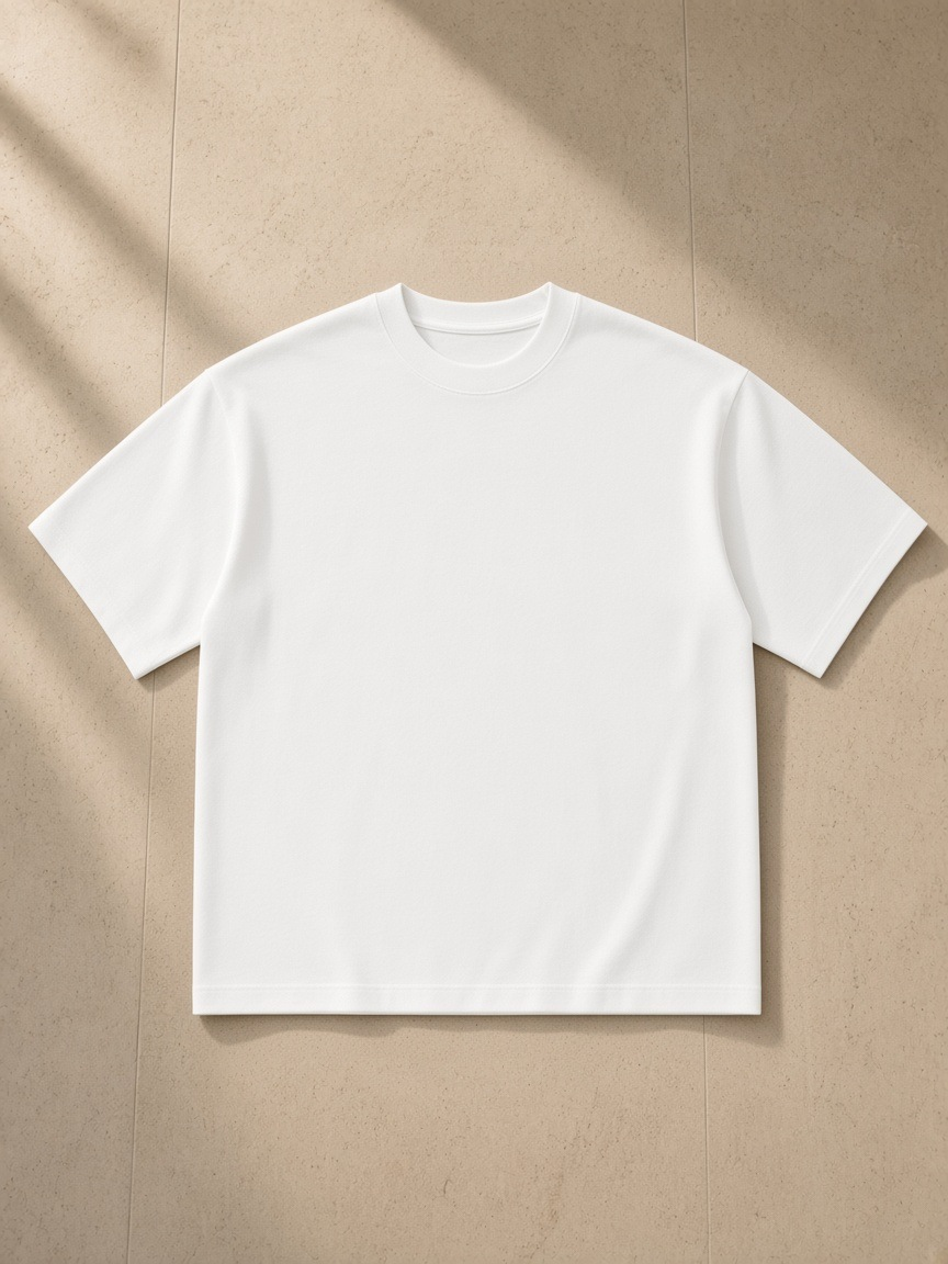 Unisex boxy mesh crewneck t-shirt in White, laid flat on pale limestone