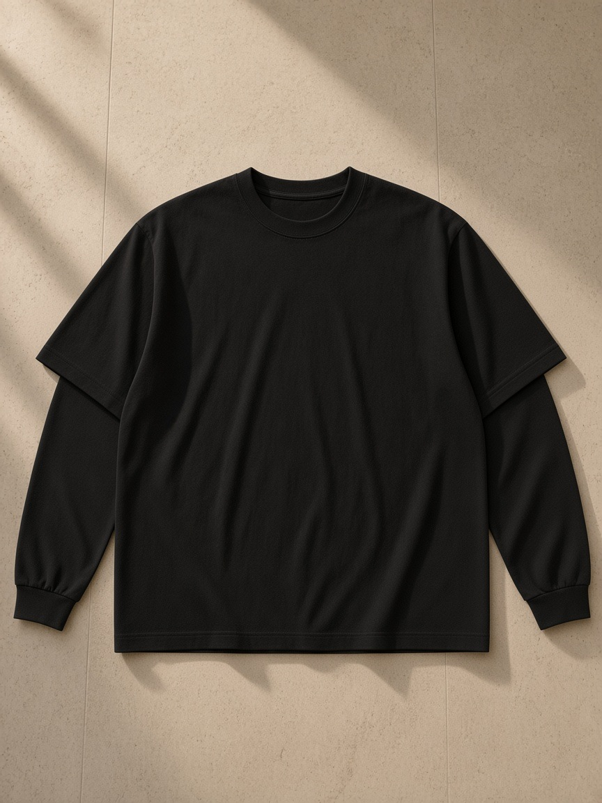 Layered oversized t-shirt in Black, laid flat on pale limestone