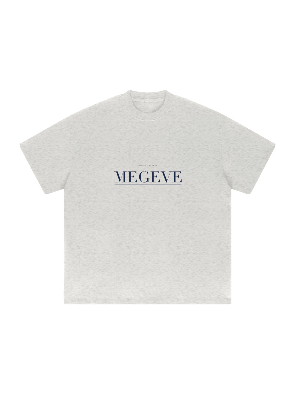 Megève Heavyweight Drop Shoulder T-Shirt by Marcel Afters in Oat Gray, front view with the printed artwork, on white