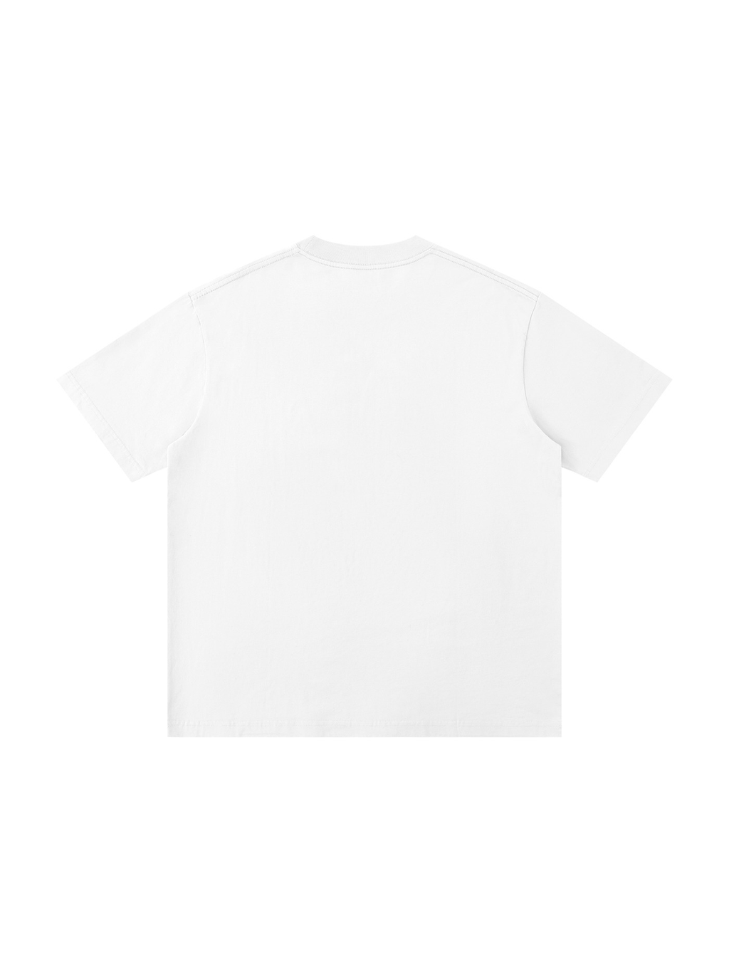 Unisex loose drop shoulder t-shirt in White, back view on white. Marcel Afters