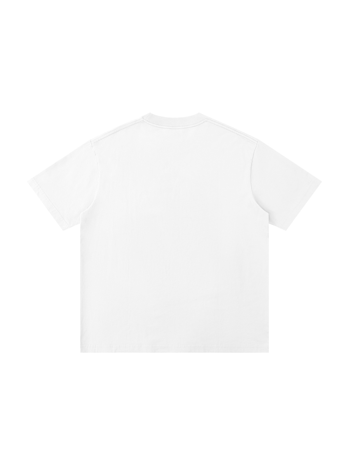 Unisex loose drop shoulder t-shirt in White, back view on white. Marcel Afters