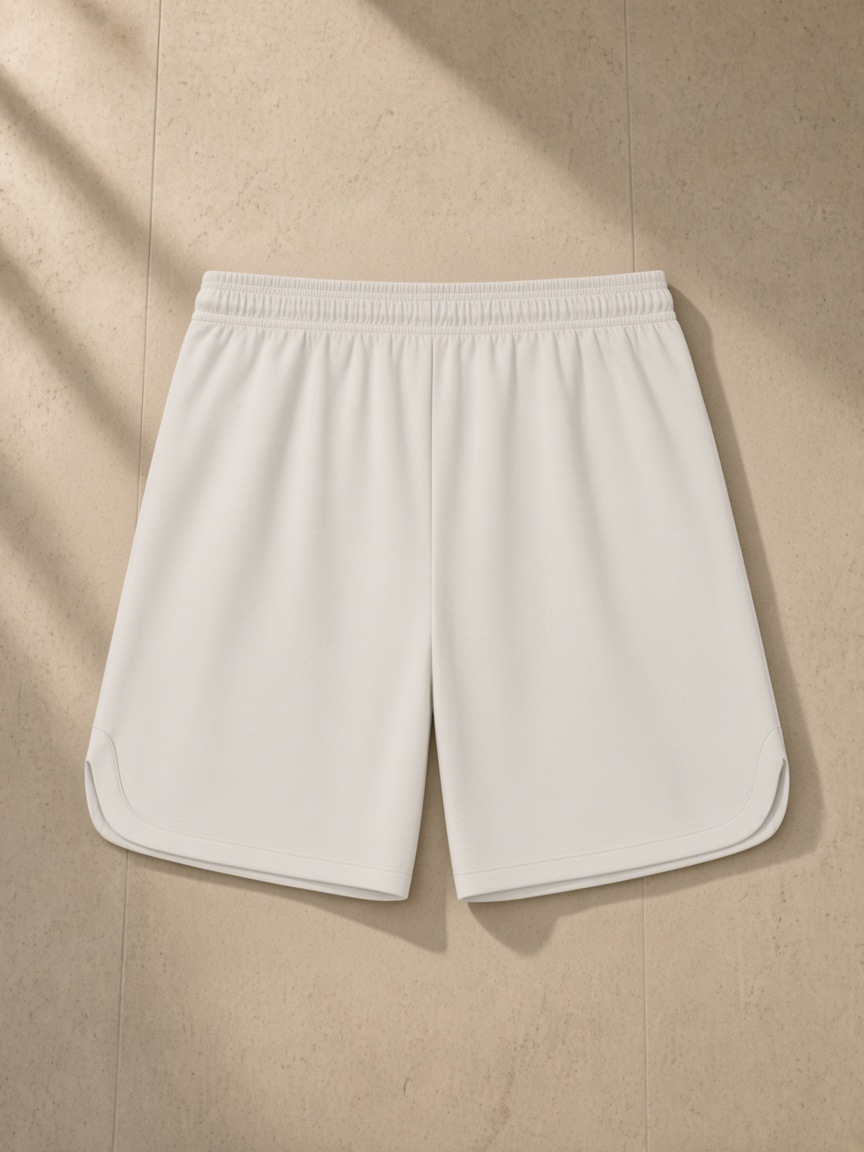 Mesh-Lined Quick-Dry Performance Shorts in Grayish White, laid flat on pale limestone, back.