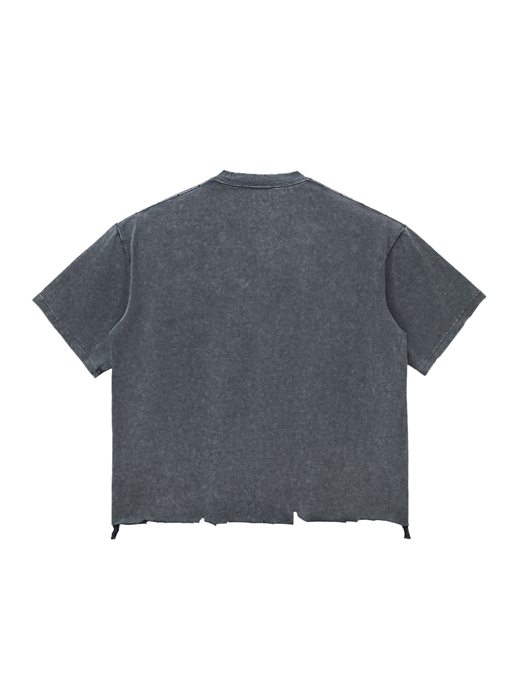 Unisex snow wash raw-hem boxy t-shirt in Washed Cement Gray, back view on white. Marcel Afters