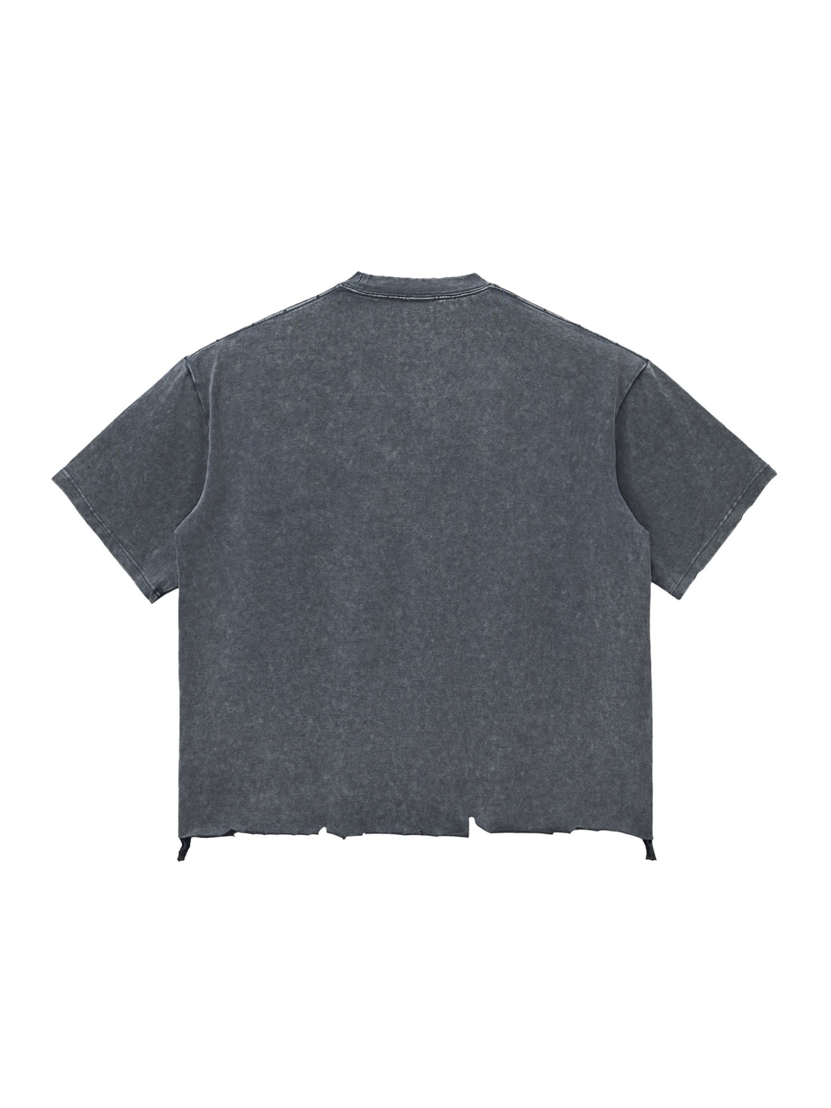 Snow Wash Raw-Hem Boxy T-shirt in Washed Cement Gray, laid flat on pale limestone, back.