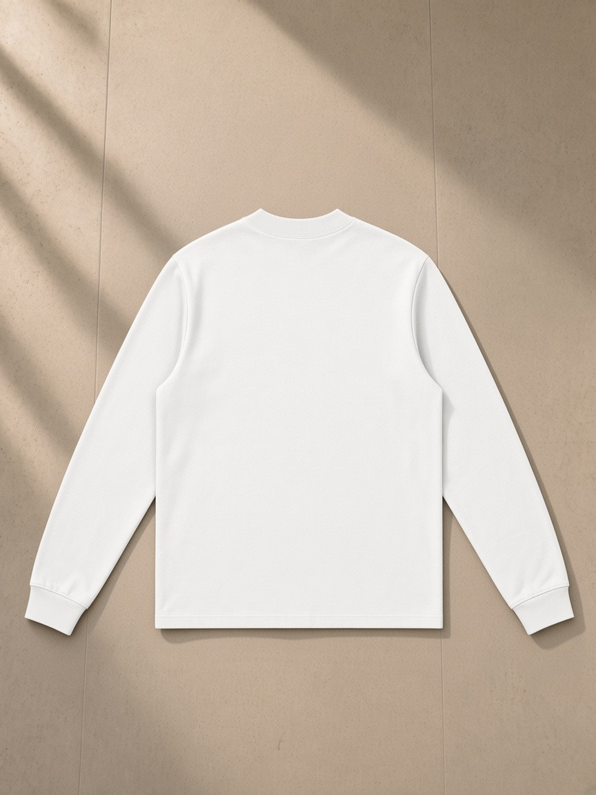 Non-shrink mock neck sweatshirt in White, laid flat on pale limestone, back view